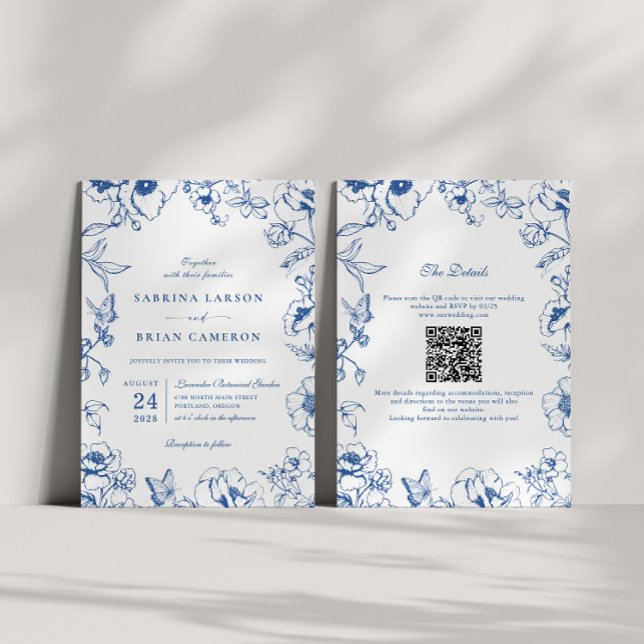 Elegant Royal Blue Floral Garden QR Code Wedding Inbjudningar (Skapare uppladdad)