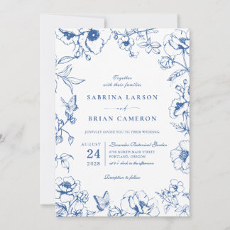 Elegant Royal Blue Floral Garden Wedding Photo Inbjudningar