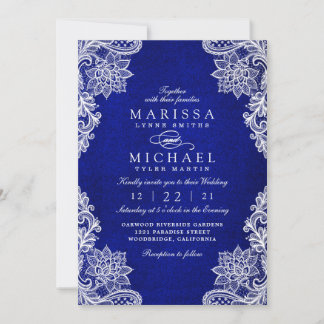 Elegant Royal Blue Floral Lace Wedding Invitation Julkort