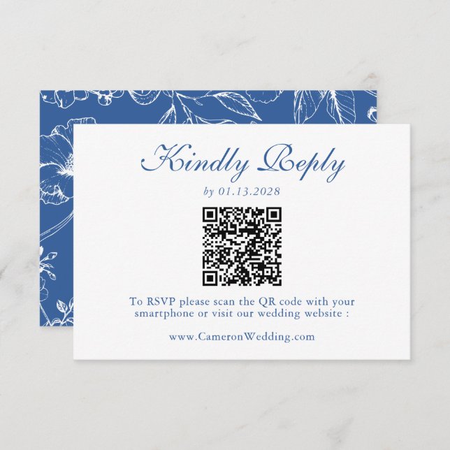 Elegant Royal Blue Floral QR Code Wedding RSVP  OSA Kort (Fram/baksida)
