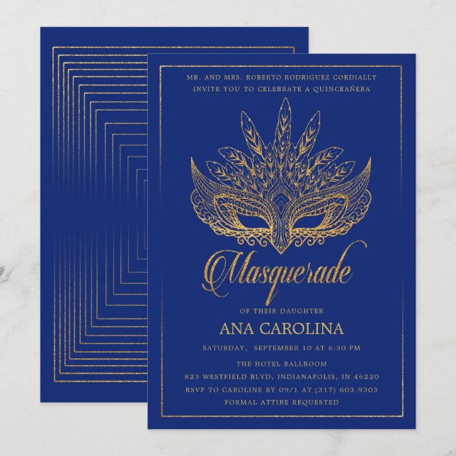 Elegant Royal Blue Glitter Masquuppad Quinceañera Inbjudningar (Fram/baksida)