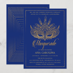 Elegant Royal Blue Glitter Masquuppad Quinceañera Inbjudningar