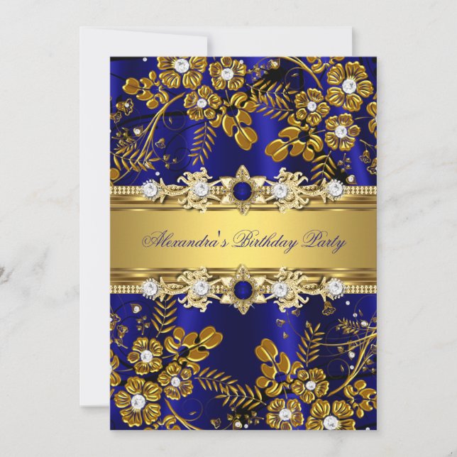 Elegant Royal Blue & Guld Blommigt Födelsedagsfest Inbjudningar (Framsida)