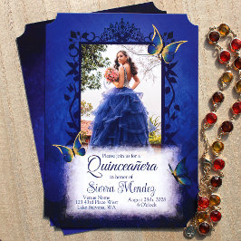 Elegant Royal Blue & Guld Butterflies Quinceanera Inbjudningar