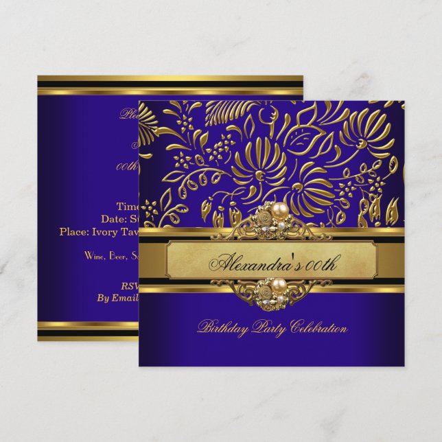Elegant Royal Blue Guld Damask Pearl Party Inbjudningar (Fram/baksida)