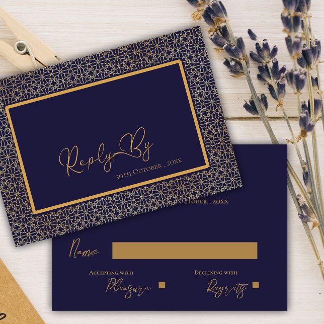 Elegant Royal Blue Guld Intricate Design Bröllop OSA Kort (Elegant Royal Blue Gold Intricate Design Wedding RSVP Card)
