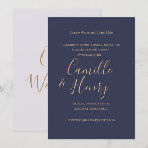 Elegant royal blue guld lilac modern bröllop inbjudningar