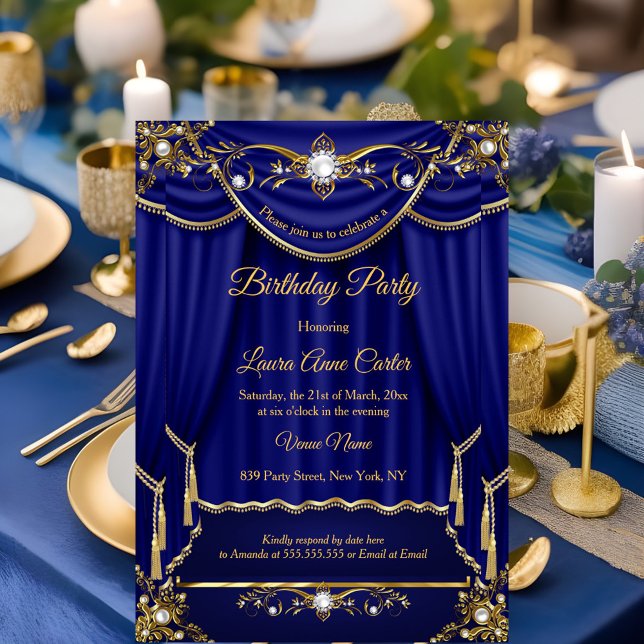 Elegant Royal Blue Guld Pearl Drapes party Inbjudningar (Skapare uppladdad)