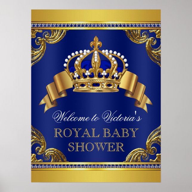 Elegant Royal Blue Guld Prince Baby Shower-skyltar Poster (Framsidan)