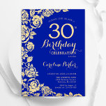Elegant Royal Blue Guld Ro 30års födelsedag Inbjudningar<br><div class="desc">Inbjudan till royalet Blue Guld Blommigt 30års födelsedag Party. Elegantens utformning med ro,  faux guld-folie och typsnitt för typsnitt. Trendig inbjudan-kortets perfekt för en snyggt kvinnlig dag firande. Kan anpassas till vilken ålder som helst. Skrivna Zazzle-inbjudningar eller digital utskrivbar mall för omedelbar nedladdning.</div>