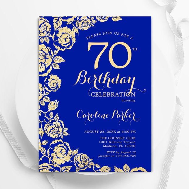 Elegant Royal Blue Guld Ro 70:e födelsedagen Inbjudningar (Skapare uppladdad)