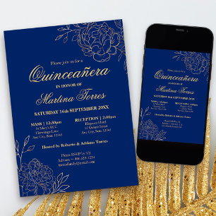 Elegant Royal Blue Guld Sketch Blommigt Quinceaner Inbjudningar