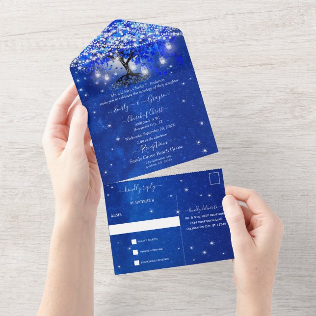 Elegant Royal Blue Heart Löv Träd Bröllop allt in (Tearaway)