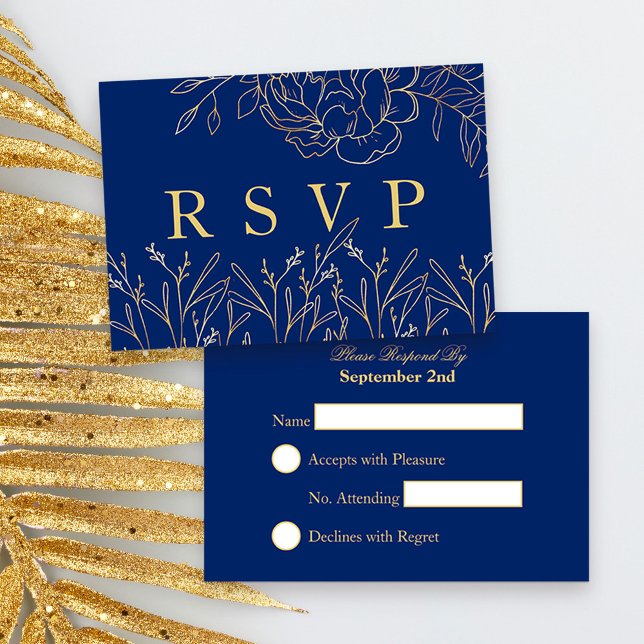 Elegant Royal Blue med skissade blommor i Guld OSA Kort (Blue and Gold Quinceanera Response Card, from my Gold Sketched Floral collection
)
