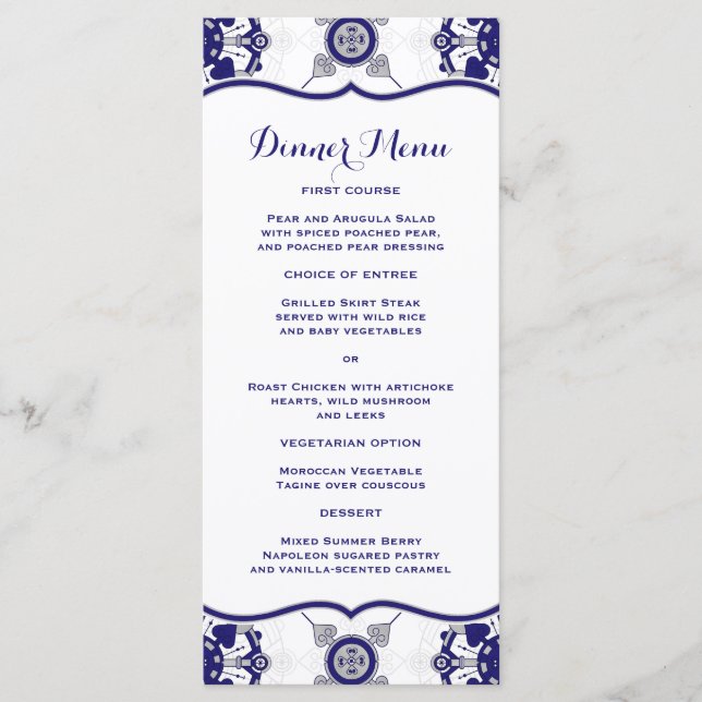 Elegant Royal Blue Medallion Mönster Dinner Menu Meny (Framsida)