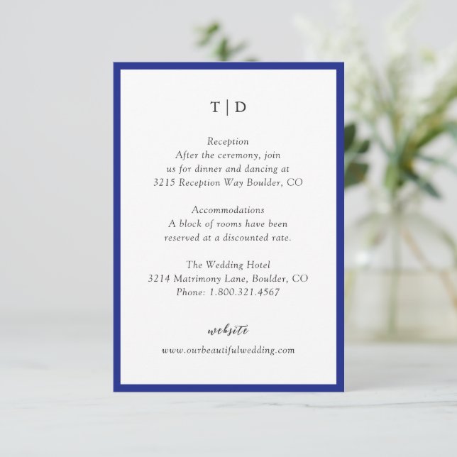 Elegant Royal Blue Monogram Modern Bröllop Tilläggskort (Stående Fram)