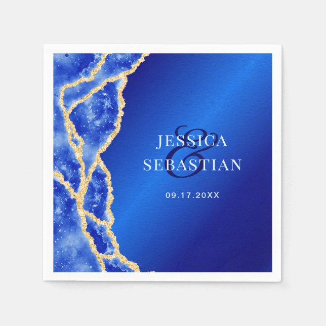 Elegant Royal Blue och Guld Agate Bröllop Pappersservett (Framsidan)