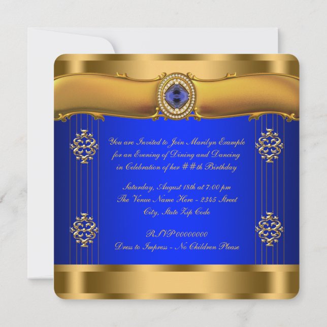 Elegant Royal Blue och Guld Birthday Inbjudningar (Baksida)