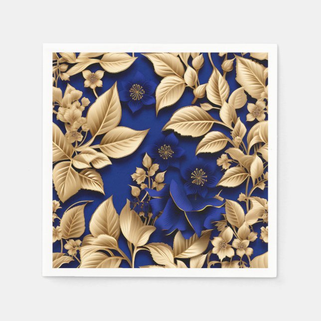 Elegant Royal Blue och Guld Blommigt Pappersservett (Framsidan)