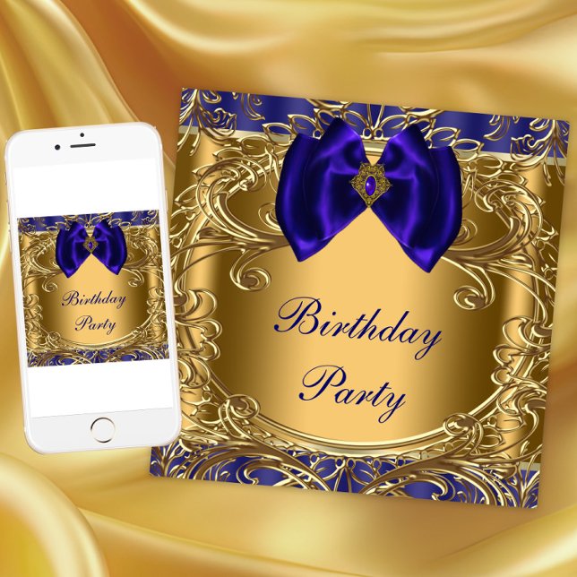 Elegant Royal Blue och Guld Födelsedagsfest Inbjudningar (Any event invitation. Instant download and printed invitations available.)