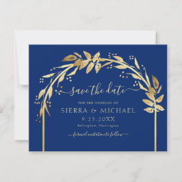 Elegant Royal Blue och Guld Foliage Arch Bröllop Spara Datumet