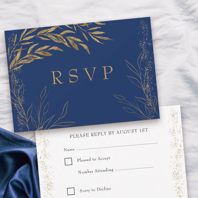Elegant Royal Blue och Guld Löv OSA kort (Response Card with editable RSVP date in blue, from my Gold Leaf Collection
)