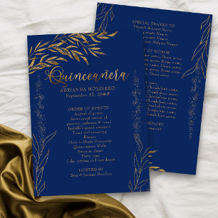Elegant Royal Blue och Guld Löv Quinceanera Program