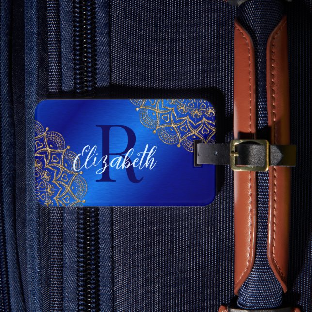 Elegant Royal Blue och Guld Mandala Monogrammed Bagagebricka (Framsida Insitu 4)
