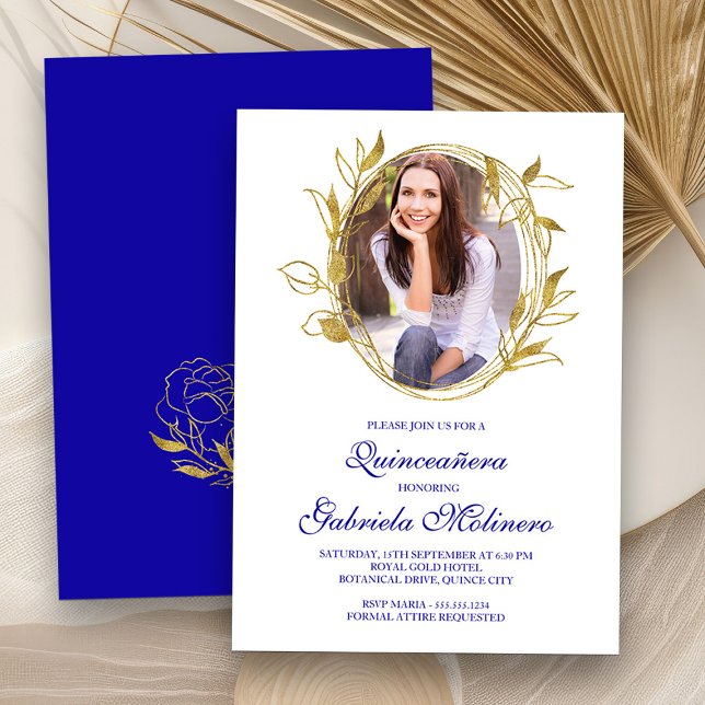 Elegant Royal Blue och Guld Photo Quinceanera Inbjudningar (Quinceanera Photo Invitation from my Elegant Gold Flowers Quinceanera Collection)