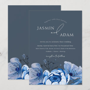 Elegant Royal Blue Opulence Blommigt Ro Bröllop Inbjudningar