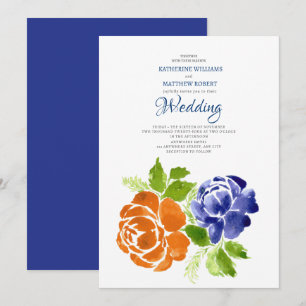Elegant Royal Blue Orange Blommigt, sommartid, Brö Inbjudningar