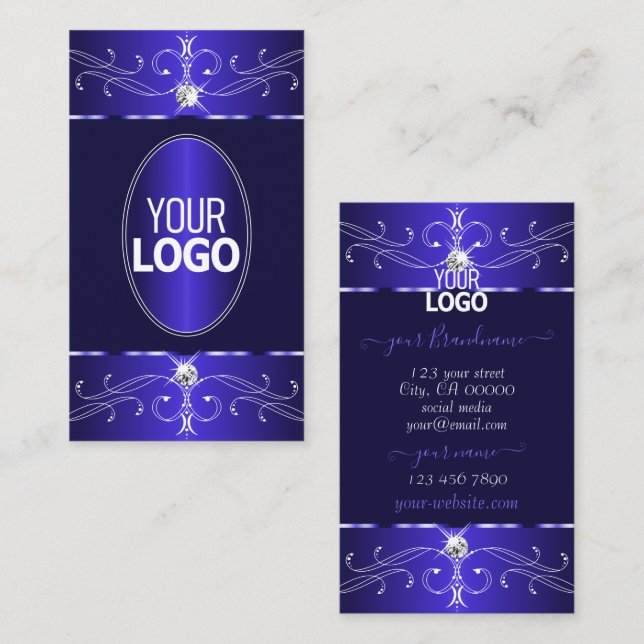 Elegant Royal Blue Ornate Ornaments med Logotyp Ch Visitkort (Fram/baksida)
