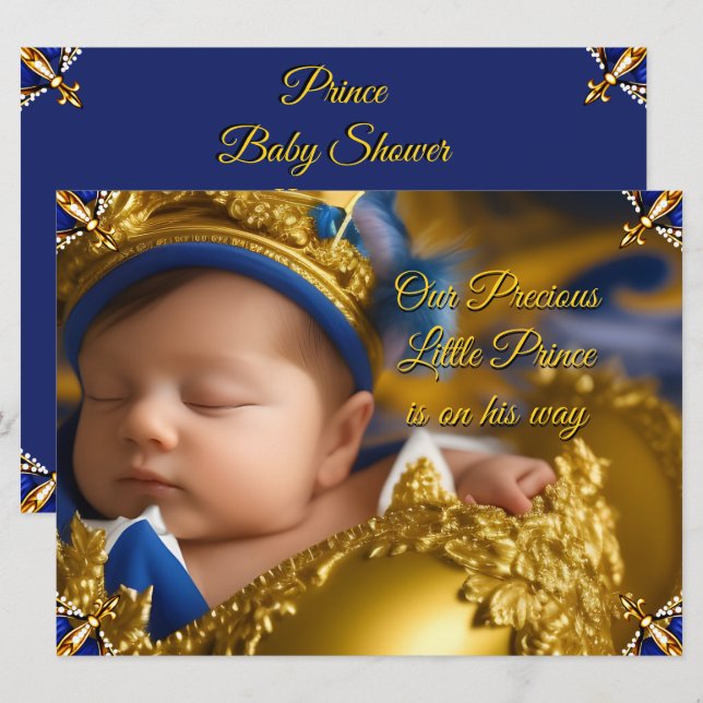Elegant Royal Blue Prince Boy Baby Shower Guld Inbjudningar (Fram/baksida)