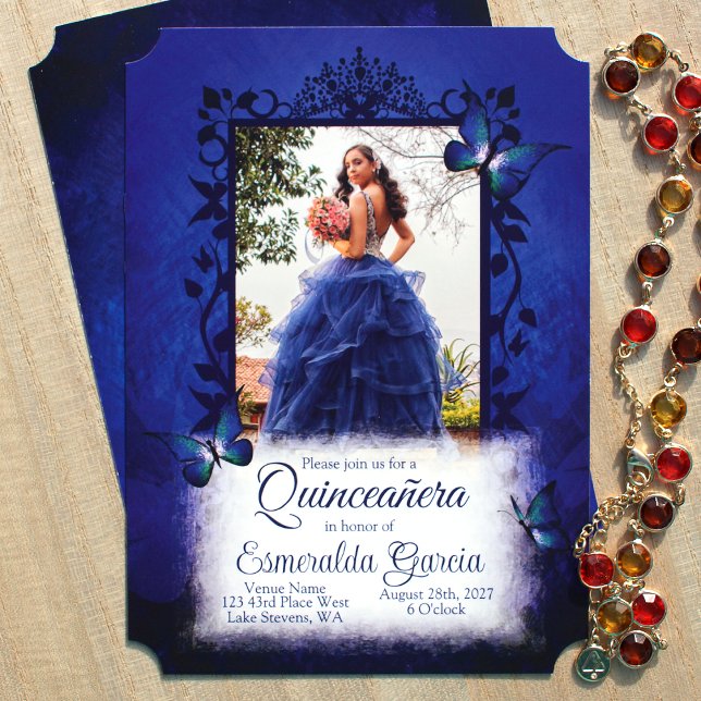 Elegant Royal Blue Quinceanera, Ornate Photo Ram Inbjudningar (Bold royal blue quinceanera invitations, navy blue vines leaves border around photo and butterflies)
