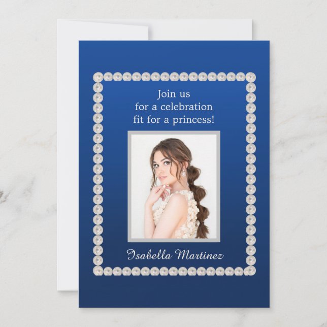 Elegant Royal Blue Quinceañera Photo Pearls Inbjudningar (Framsida)