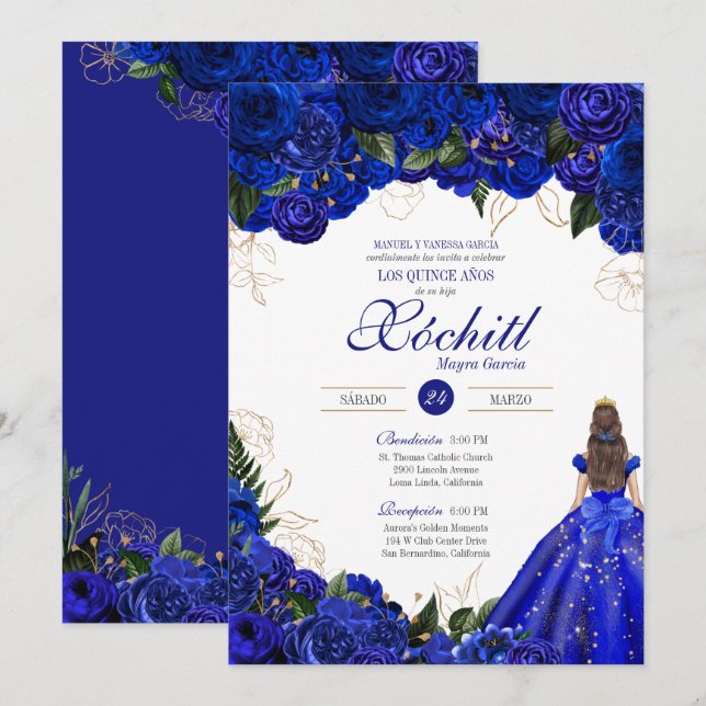 Elegant Royal Blue Ro Blommigt Quinceañera Invita Inbjudningar (Fram/baksida)