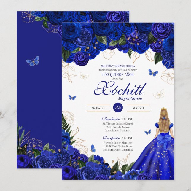 Elegant Royal Blue Ro Butterfly Quinceañera Inbjudningar (Fram/baksida)