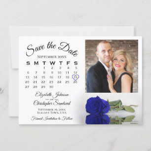 Elegant Royal Blue Ro Calendar och Photo Bröllop Spara Datumet