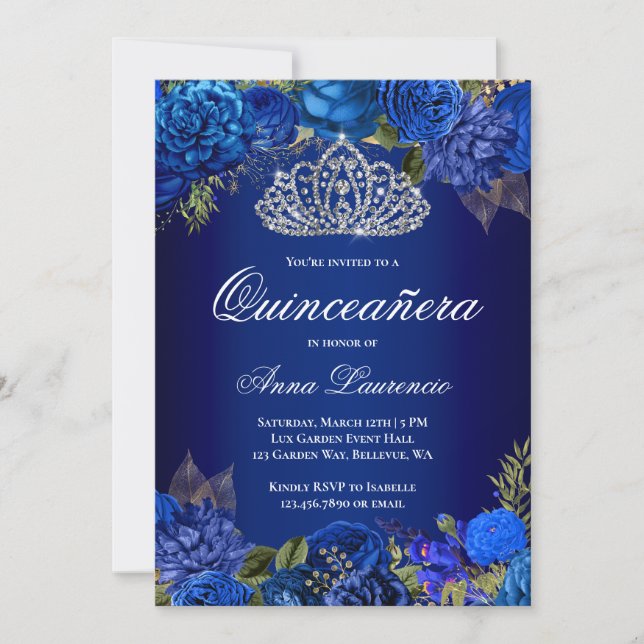 Elegant Royal Blue Ro Diamond Tiara Quinceanera Inbjudningar (Framsida)