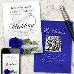 Elegant Royal Blue Ro Finare QR-kod Bröllop Inbjudningar<br><div class="desc">Denna vackra bröllopsinbjudan innehåller ett fantastiskt foto av ett enda, långsökt royal blått eller kobolt färgad ro som ljuger på sin sida och reflekterar i ett bassäng av vatten med vinkara och kramper. Utformningen har ett kalligrafiskt skript i finare med ett långt kort svan skapar det både modernt och klassiskt....</div>