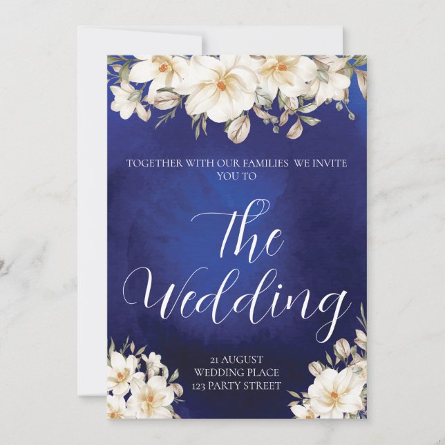 Elegant Royal Blue Ro Finare QR-kod Bröllop Inbjudningar (Framsida)