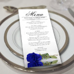Elegant Royal Blue Ro med reflektioner Bröllop Meny<br><div class="desc">Den här vackra menyn kommer att lägga lite stil till ditt bröllopsmottagande. Den har en vacker och romantisk utformning med ett enda levande royal blått eller kobolt färgad ro som ljuger på sin sida och reflekterar i ett bassäng av vatten med vinkara och kramper. Det finns utrymme för namn från...</div>
