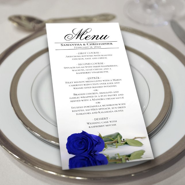 Elegant Royal Blue Ro med reflektioner Bröllop Meny (In Situ on Plate)
