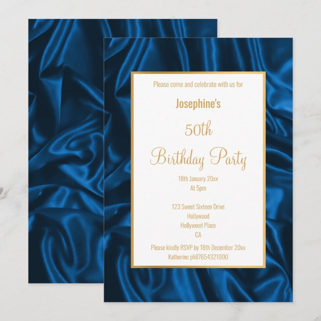 ELEGANT ROYAL BLUE SATIN BIRTHDAY INBJUDANDE INBJUDNINGAR (Fram/baksida)