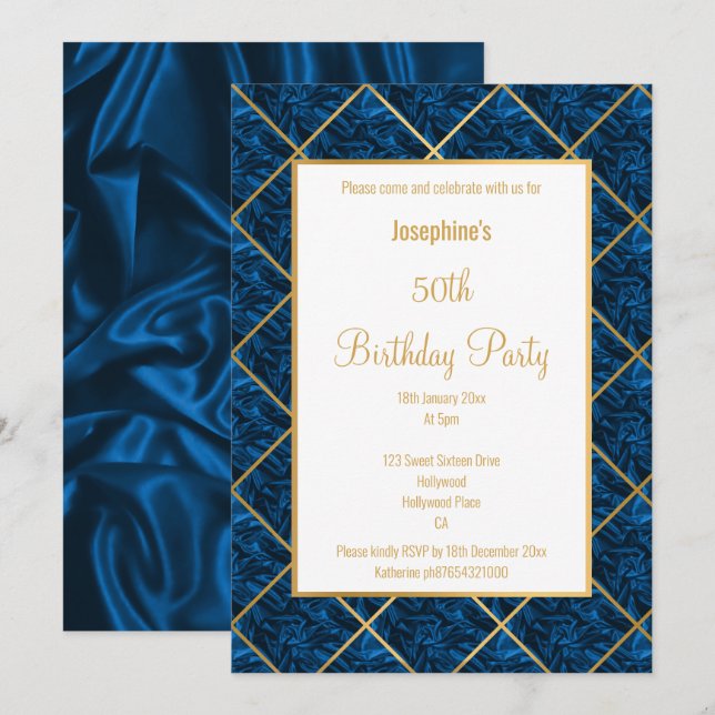 ELEGANT ROYAL BLUE SATIN GULD BIRTHDAY INBJUDANDE INBJUDNINGAR (Fram/baksida)