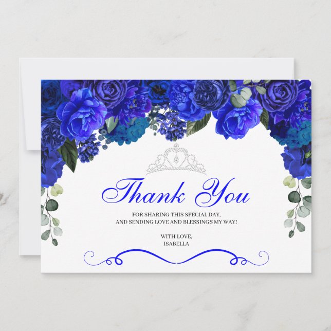 Elegant Royal Blue Silver Blommigt Quinceanera Tack Kort (Framsida)