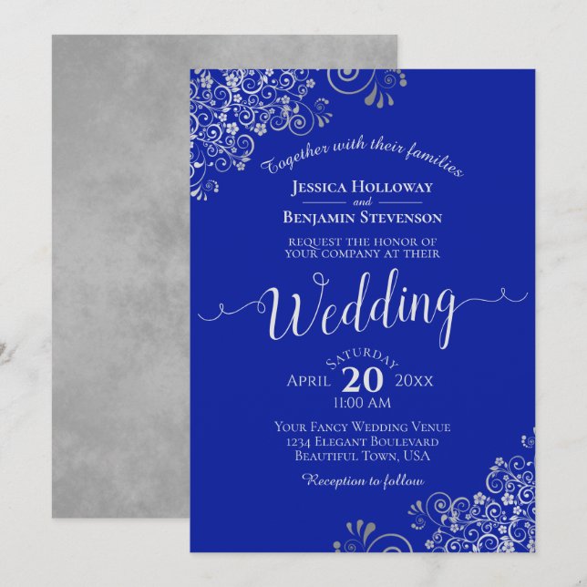 Elegant Royal Blue & Silver Calligraphy Bröllop Inbjudningar (Fram/baksida)
