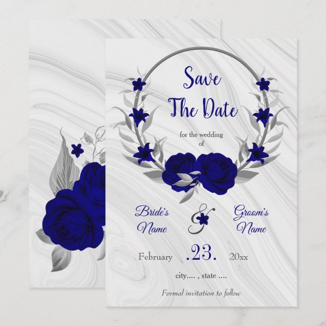 elegant royal blue silver grått blommigt spara  da datumet (Fram/baksida)