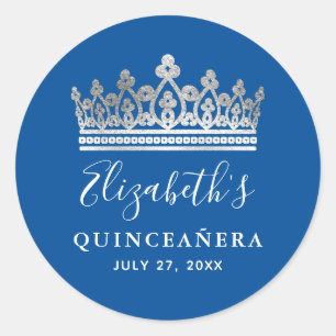 Elegant Royal Blue Silver Krona Quinceanera Runt Klistermärke