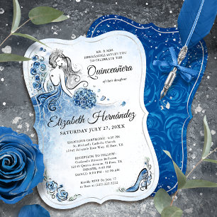 Elegant Royal Blue Silver Princess Quince Birthday Inbjudningar